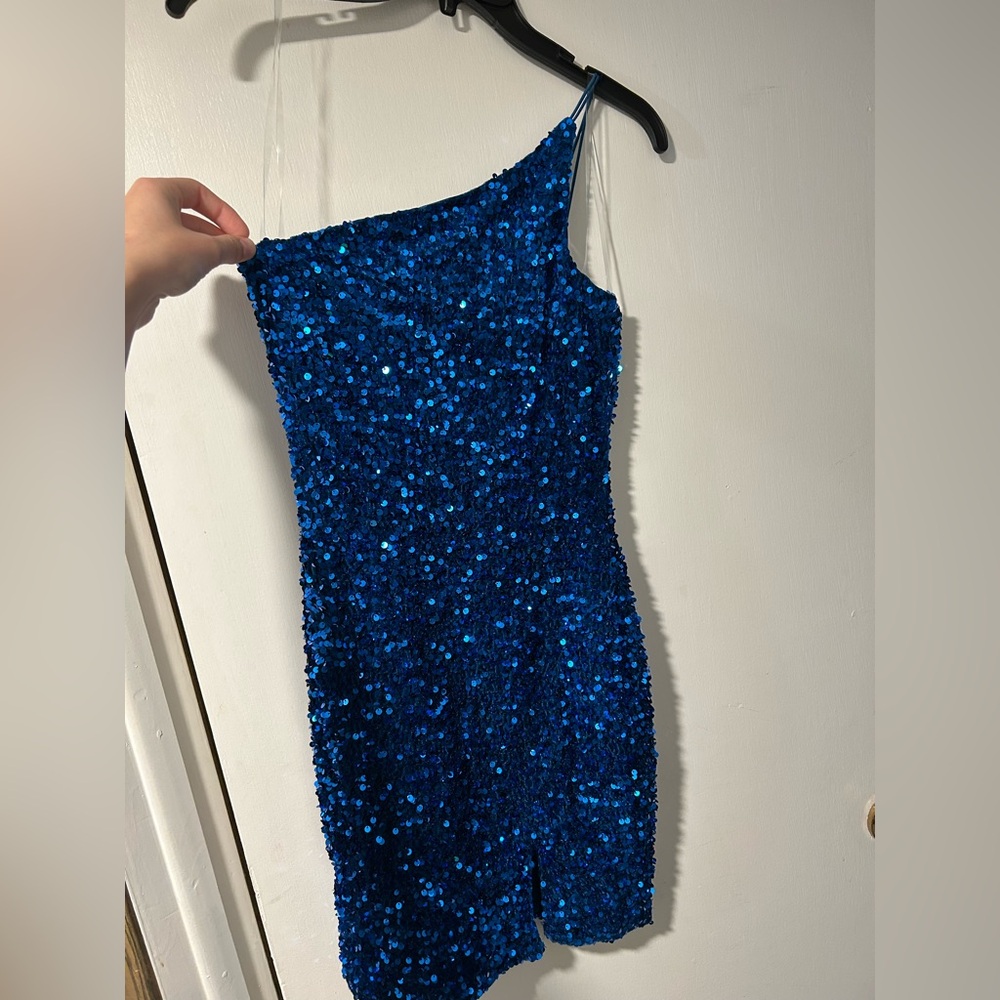 Blue Sequin One-Shoulder Dress